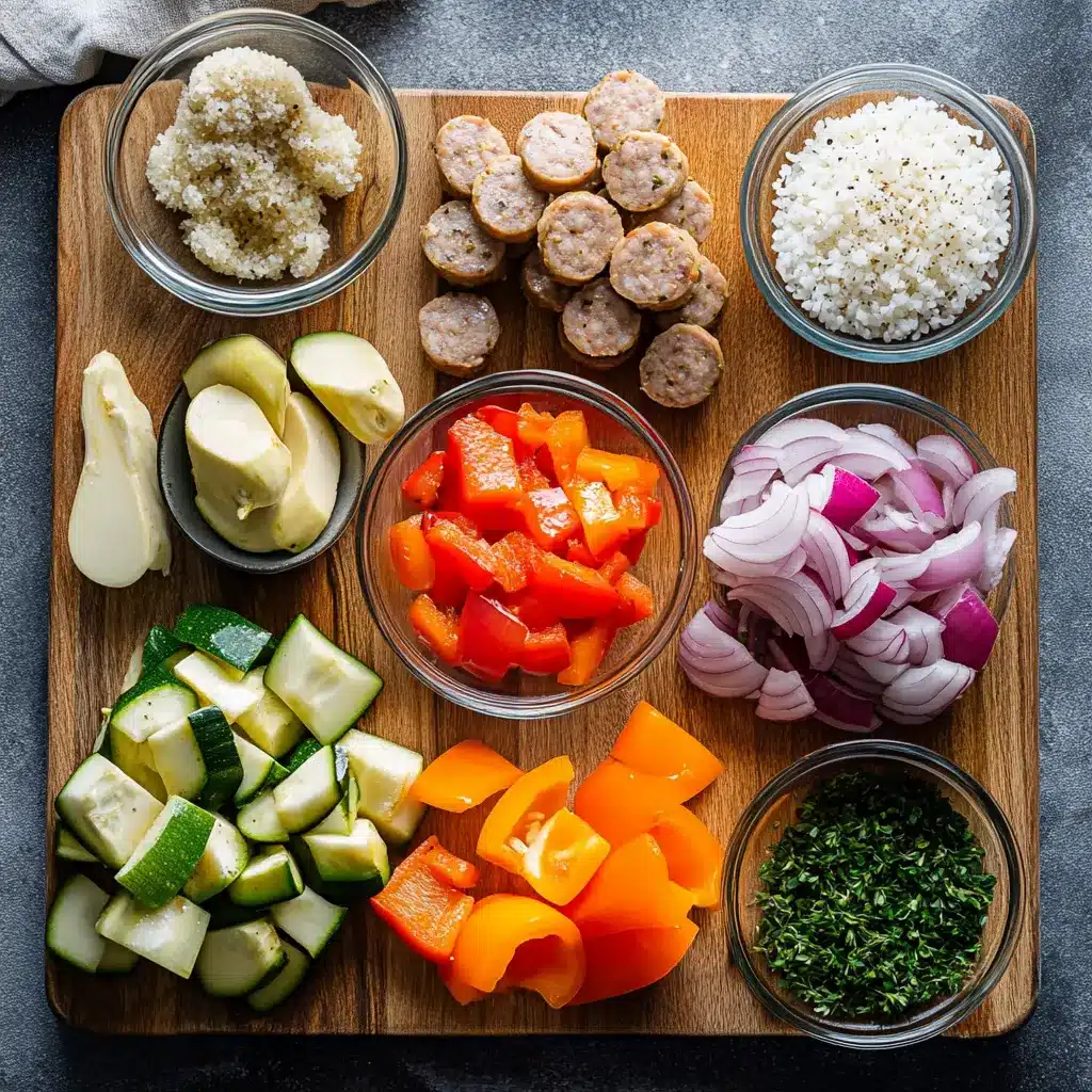 AIR FRYER CHICKEN SAUSAGE VEGGIES centered hero view, clean and uncluttered