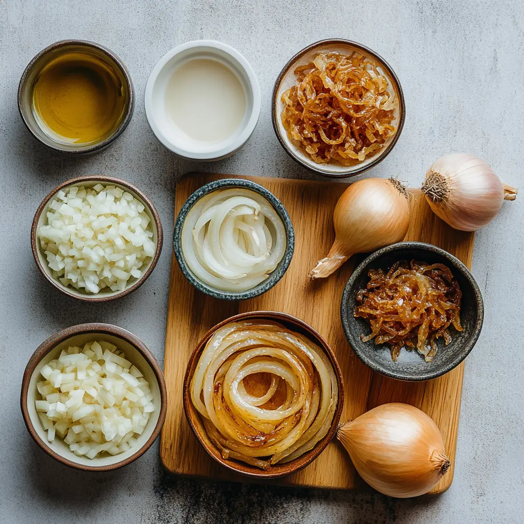 Close-up of thinly sliced yellow onions, prepared for air frying