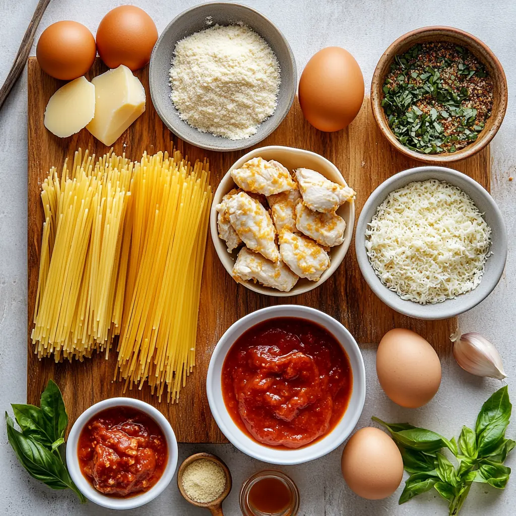 Air Fryer Delicious Chicken Parmesan ingredients laid out visually