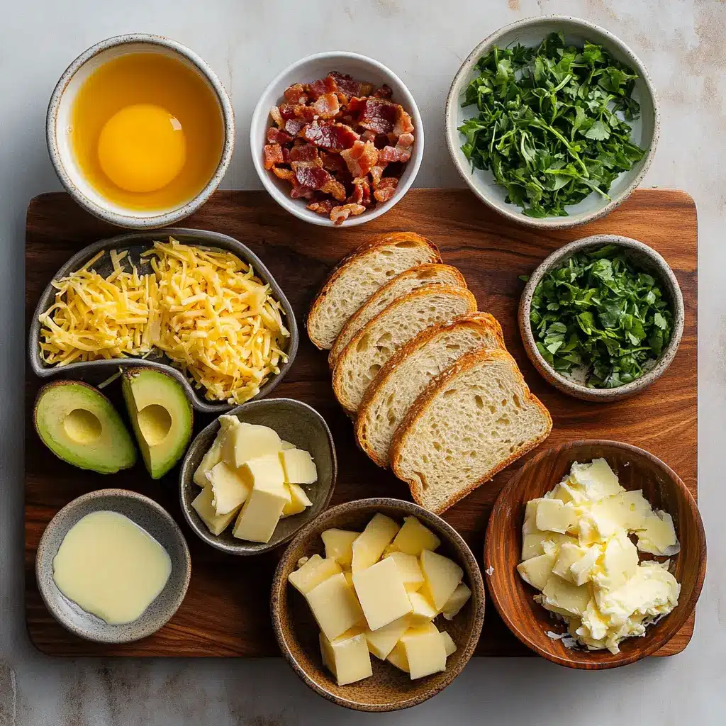 Ingredients for Air Fryer Egg and Cheese Toast, including thick bread, an egg, and shredded cheese, ready for preparation.
