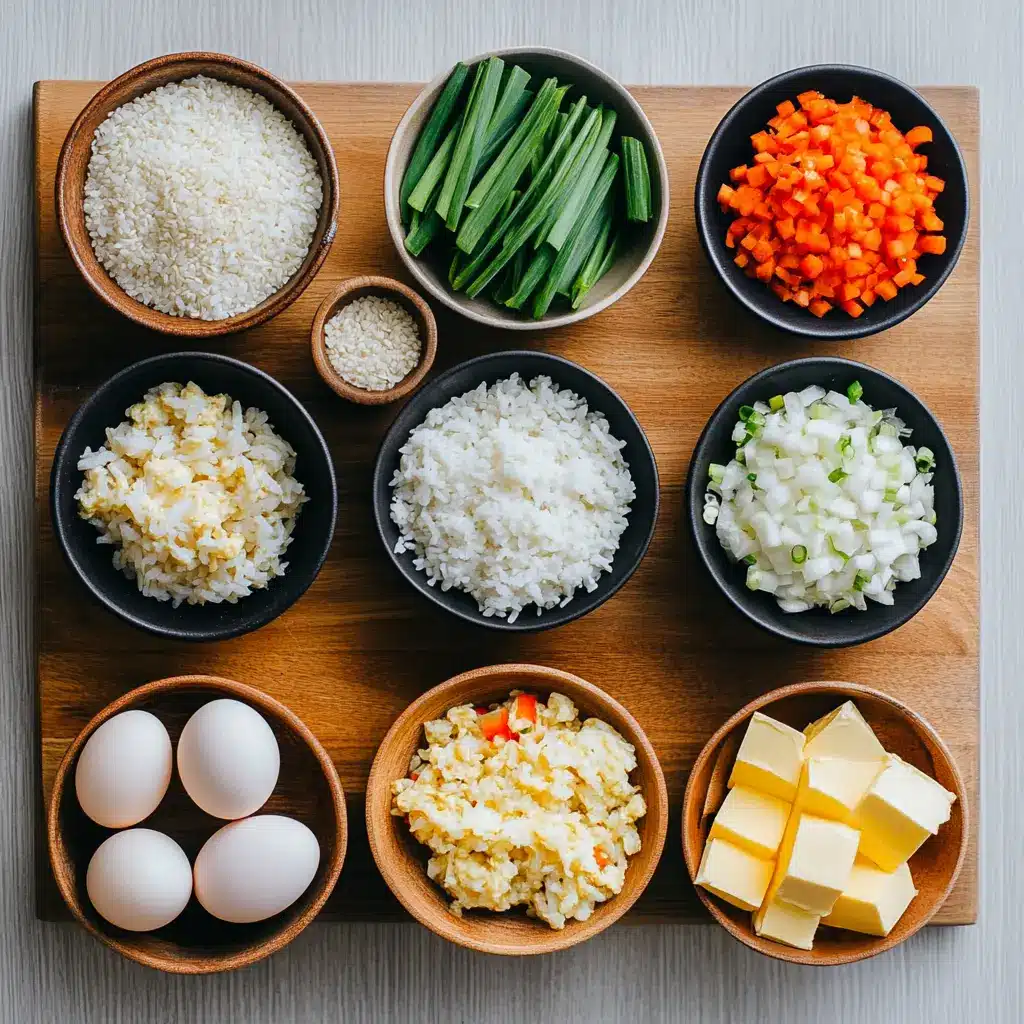 Ingredients for Air Fryer Fried Rice laid out: cooked rice, mixed vegetables, scrambled eggs, soy sauce, oyster sauce, garlic, and onion.