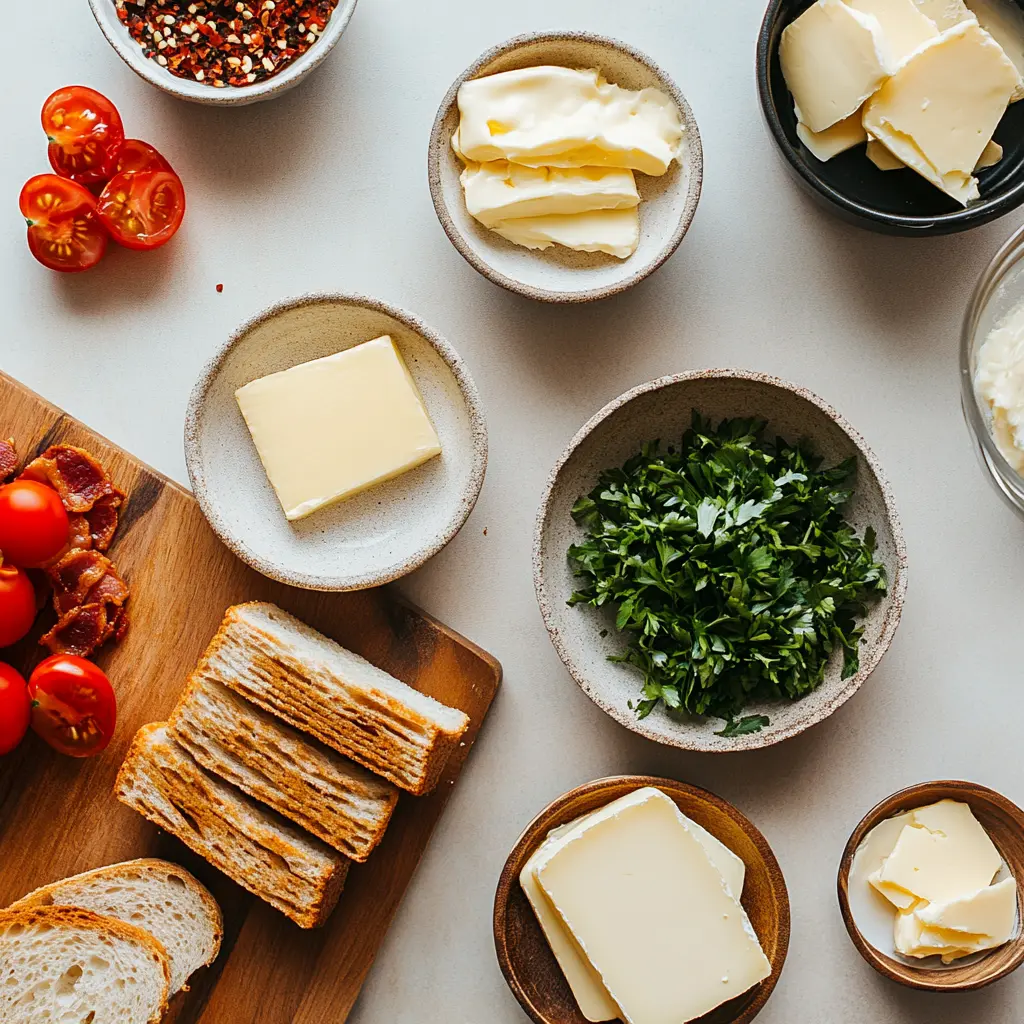 Ingredients for Air Fryer Grilled Cheese, including slices of bread, cheddar cheese, and softened butter, artfully arranged on a kitchen counter