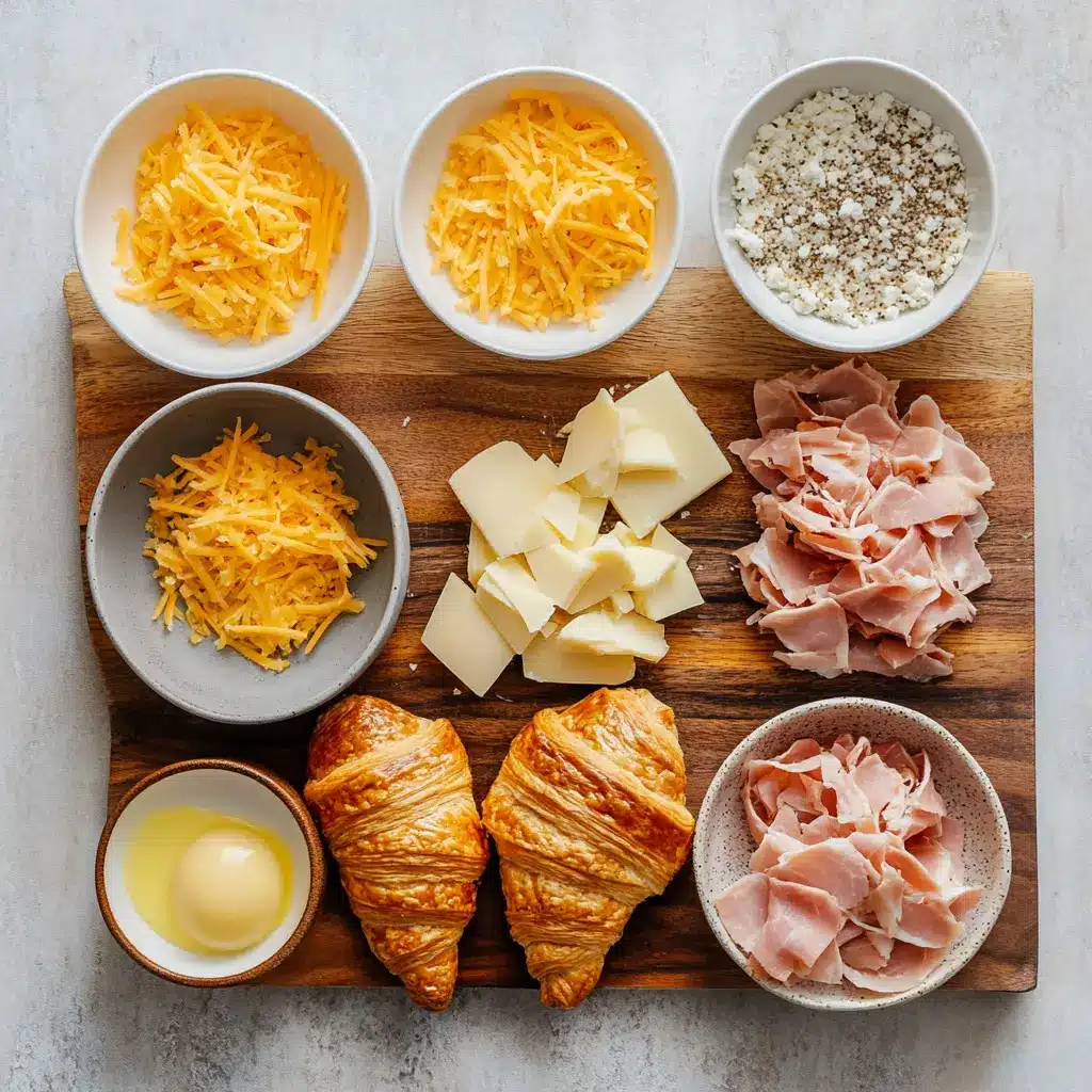 Air Fryer Ham Cheese Croissants - Irresistibly Easy Recipe 3 Arrangement of ingredients for Air Fryer Ham Cheese Croissants: fresh croissant dough, deli ham slices, shredded cheddar and Swiss cheese, and an egg for egg wash.