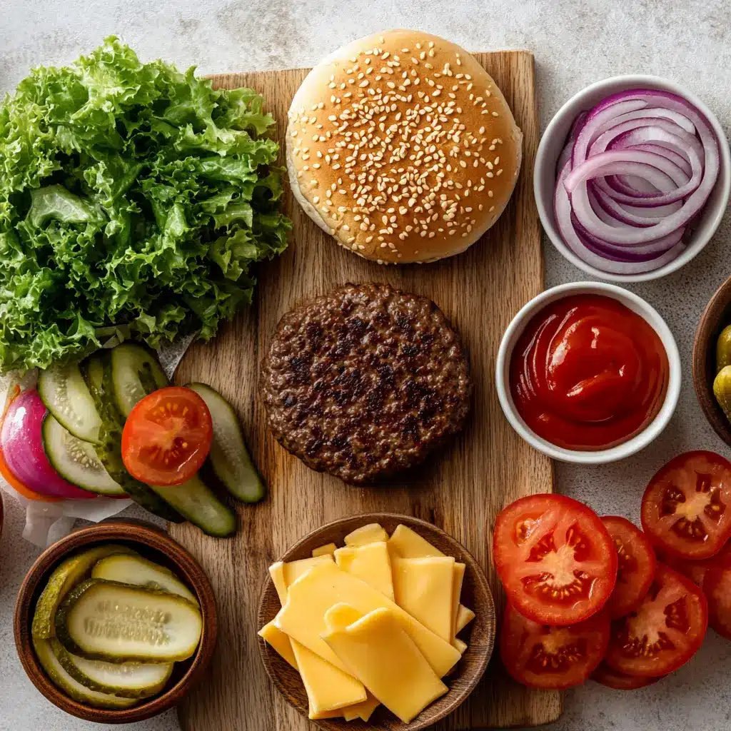 Perfectly cooked Air Fryer Hamburgers, juicy and golden brown, stacked on a bun with fresh toppings