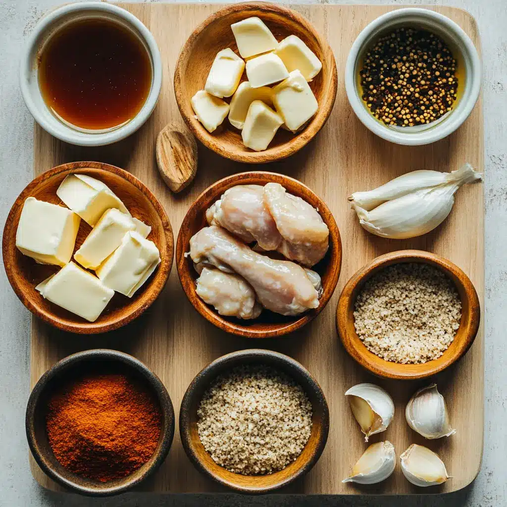 Ingredients for Air Fryer Honey Butter Garlic Chicken, featuring chicken tenders, honey, butter, garlic, paprika, and breadcrumbs