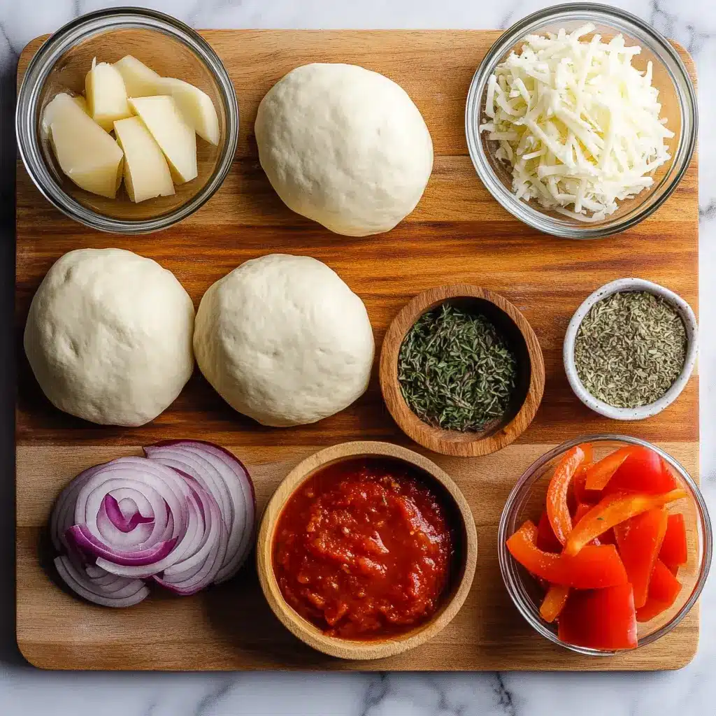 Ingredients laid out for homemade Air Fryer Pizza Rolls: pizza dough, shredded mozzarella, pepperoni, and Italian seasoning.