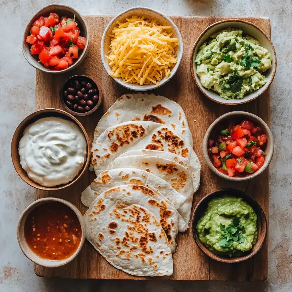 Close-up shot of ingredients for Air Fryer Quesadilla, including tortillas, shredded chicken, salsa, and cheese, neatly arranged on a clean surface.
