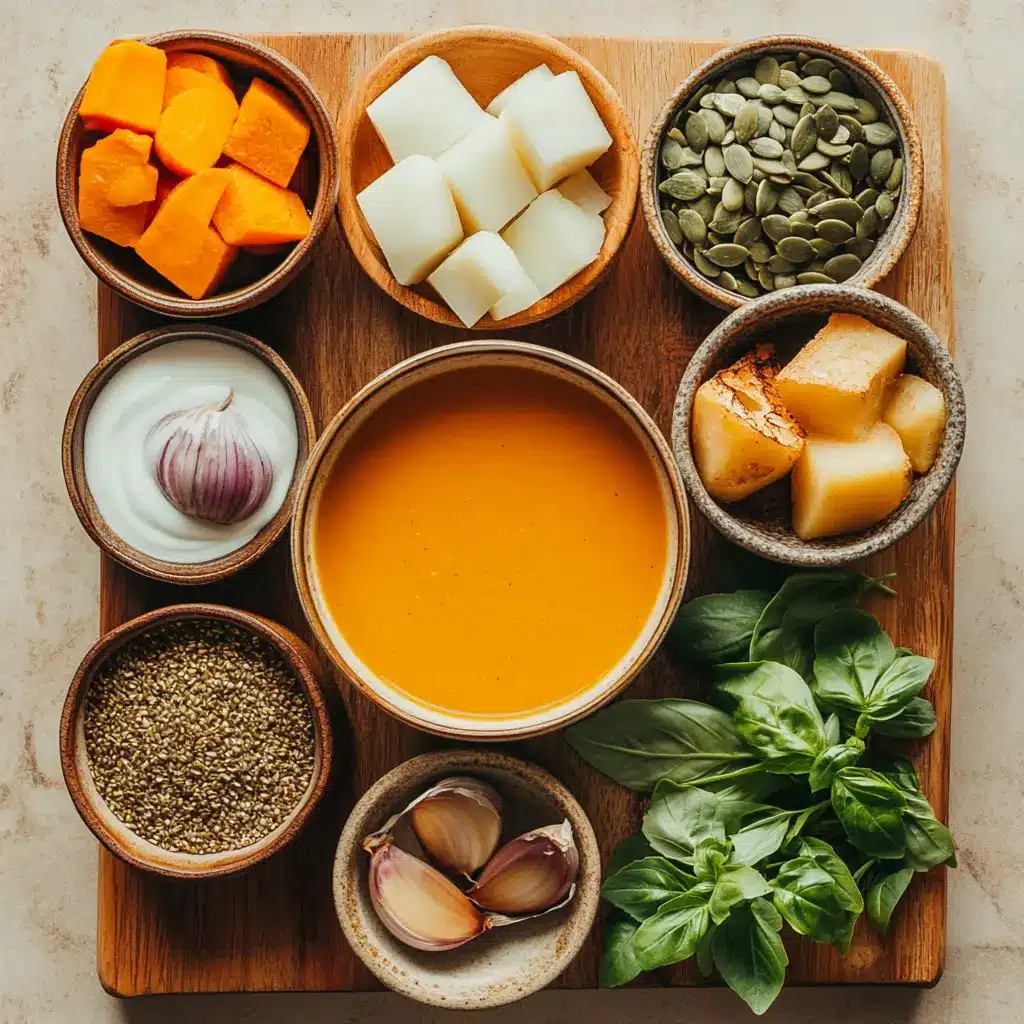 Vibrant Autumn-Spiced Roasted Pumpkin Soup ingredients on a rustic wooden board, ready for prep.