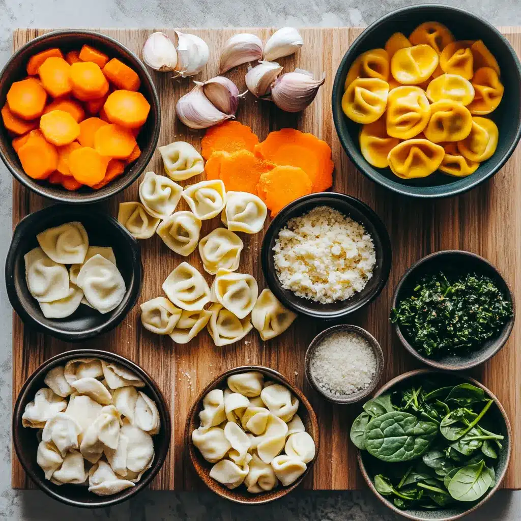A vibrant bowl of Autumn Tortellini Soup with Sausage, garnished with fresh parsley, showing tender tortellini, crumbled sausage, and diced butternut squash in a creamy broth.