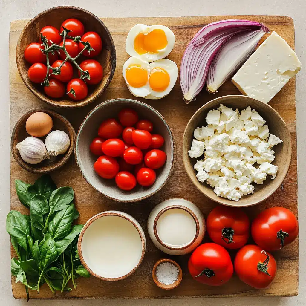 Baked Feta Eggs with roasted tomatoes, spinach, and herbs in a single baking dish.