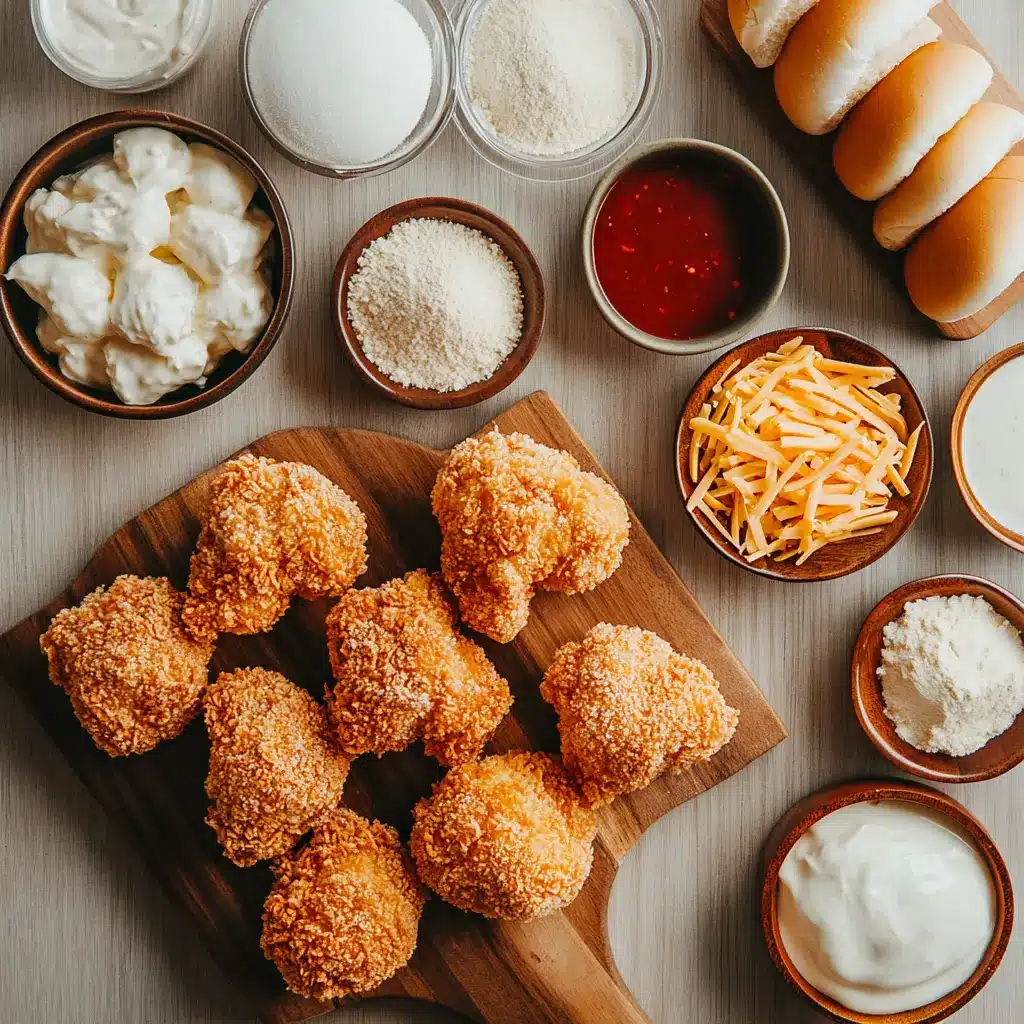 Ingredients for Bang Bang Chicken Sliders laid out, including sliced chicken breasts, breading, sauce, and buns.