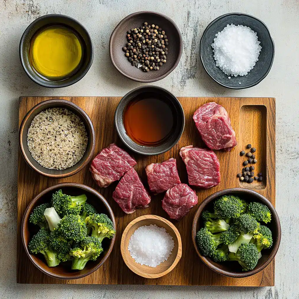 Close-up of fresh ingredients for Best Beef and Broccoli, including thinly sliced beef, vibrant green broccoli florets, and an onion, ready for cooking.