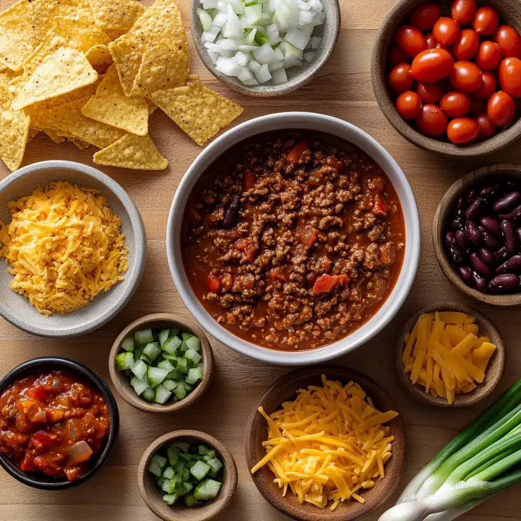 A display of key ingredients for Best Beef Chili: ground beef, various beans, diced tomatoes, tomato sauce, and spices.