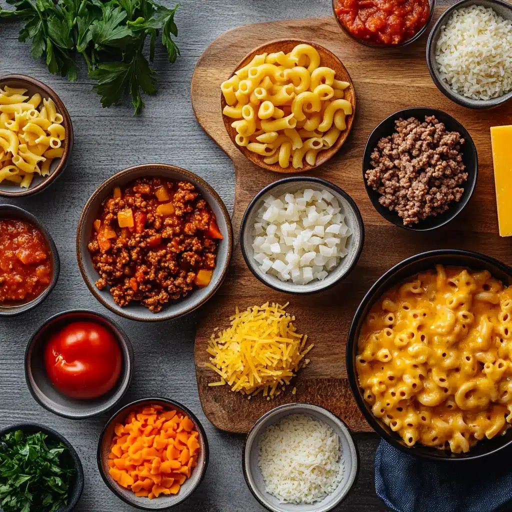 Ingredients for Cheeseburger Pasta laid out on a clean surface