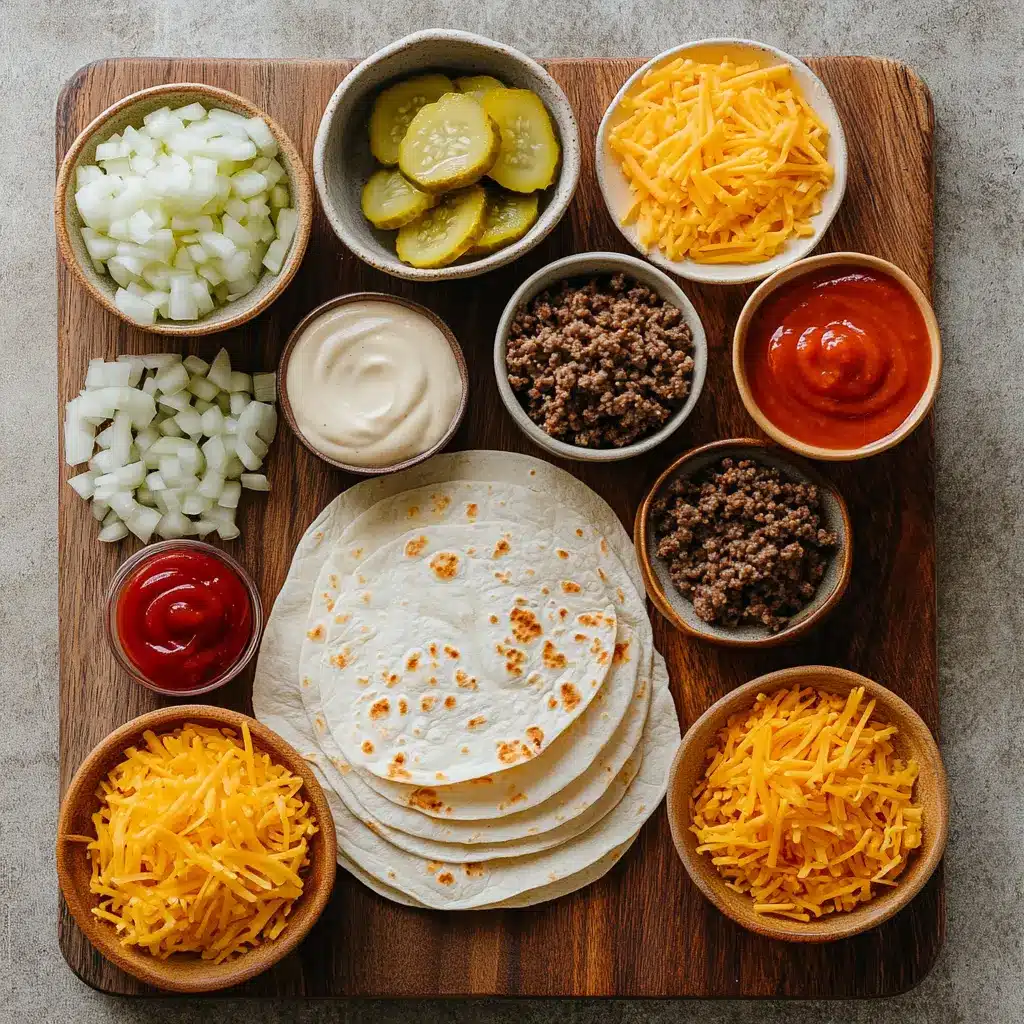 Gathered ingredients for a Cheeseburger Quesadilla, including ground beef, cheddar cheese slices, chopped pickles, onions, burrito-sized tortillas, and burger sauce components.