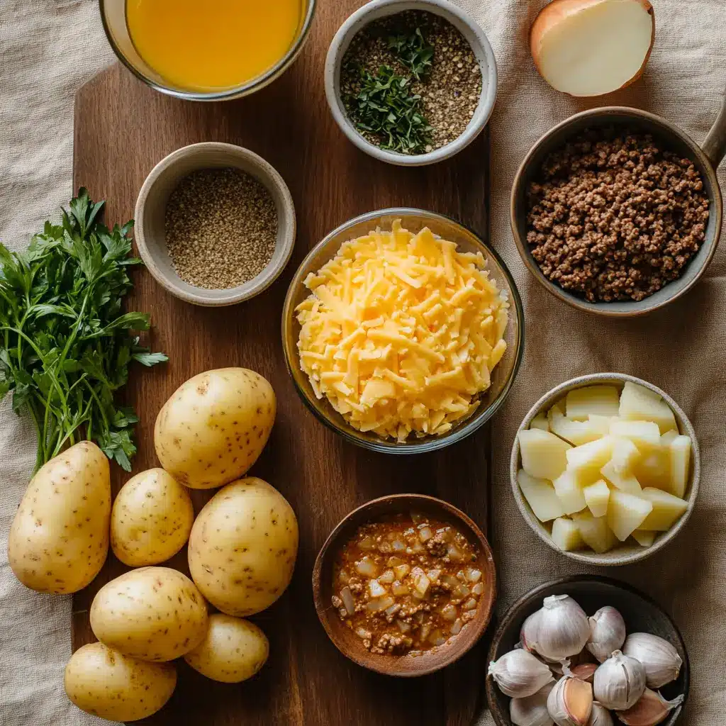 A close-up overhead shot of a stainless steel skillet filled with bubbling cheesy ground beef and tender potatoes, garnished with fresh parsley.