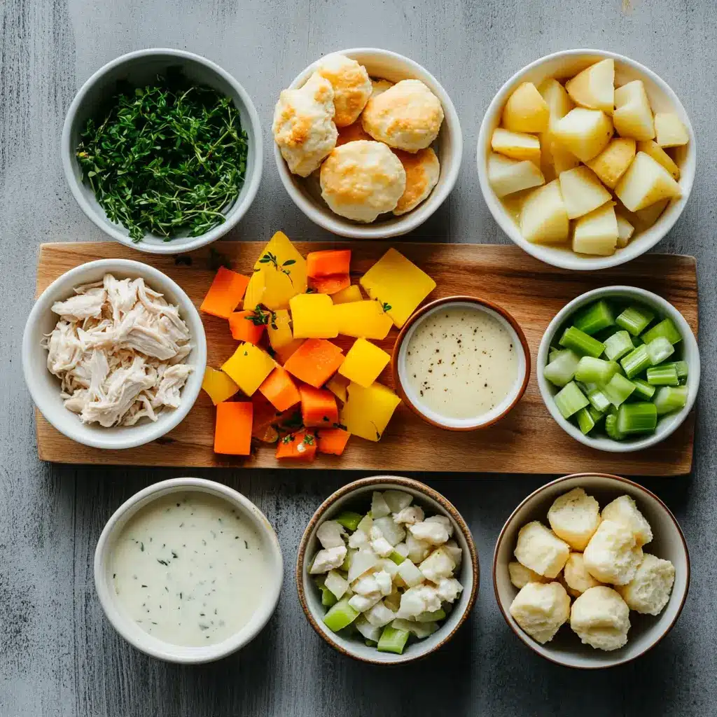 Close-up of fresh ingredients for Slow Cooker Chicken Pot Pie laid out on a wooden counter, including raw chicken breasts, mixed vegetables, diced potatoes, celery, onion, and cream of chicken soup.