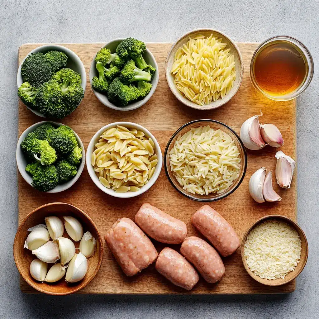 CHICKEN SAUSAGE AND BROCCOLI ORZO RECIPE centered hero view, clean and uncluttered