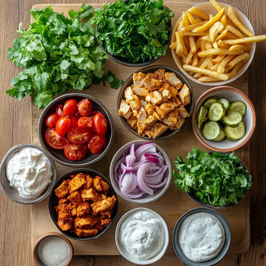 Vibrant ingredients for Chicken Shawarma Wrap laid out, including sliced chicken, fresh vegetables, pita bread, and spices.