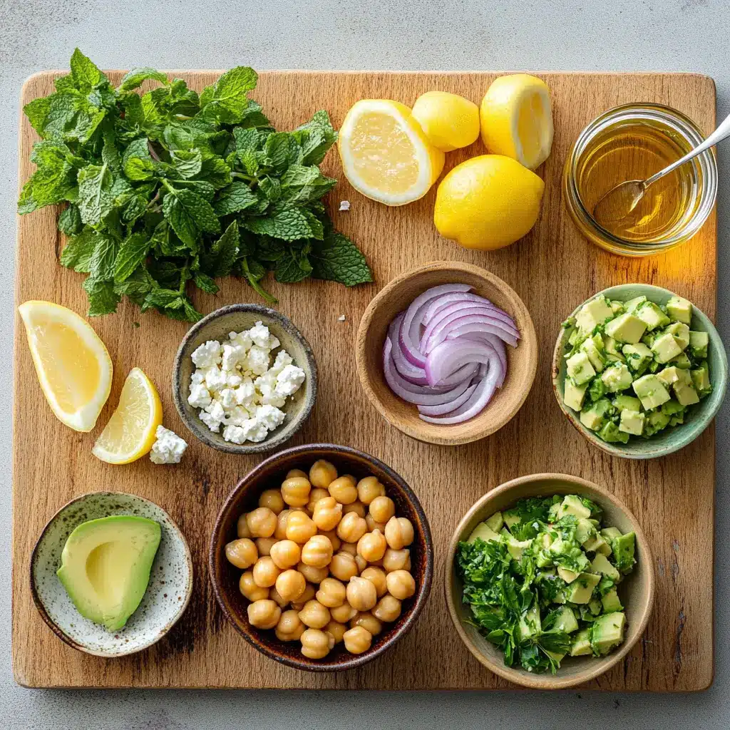 CHICKPEA FETA AVOCADO SALAD centered hero view, clean and uncluttered