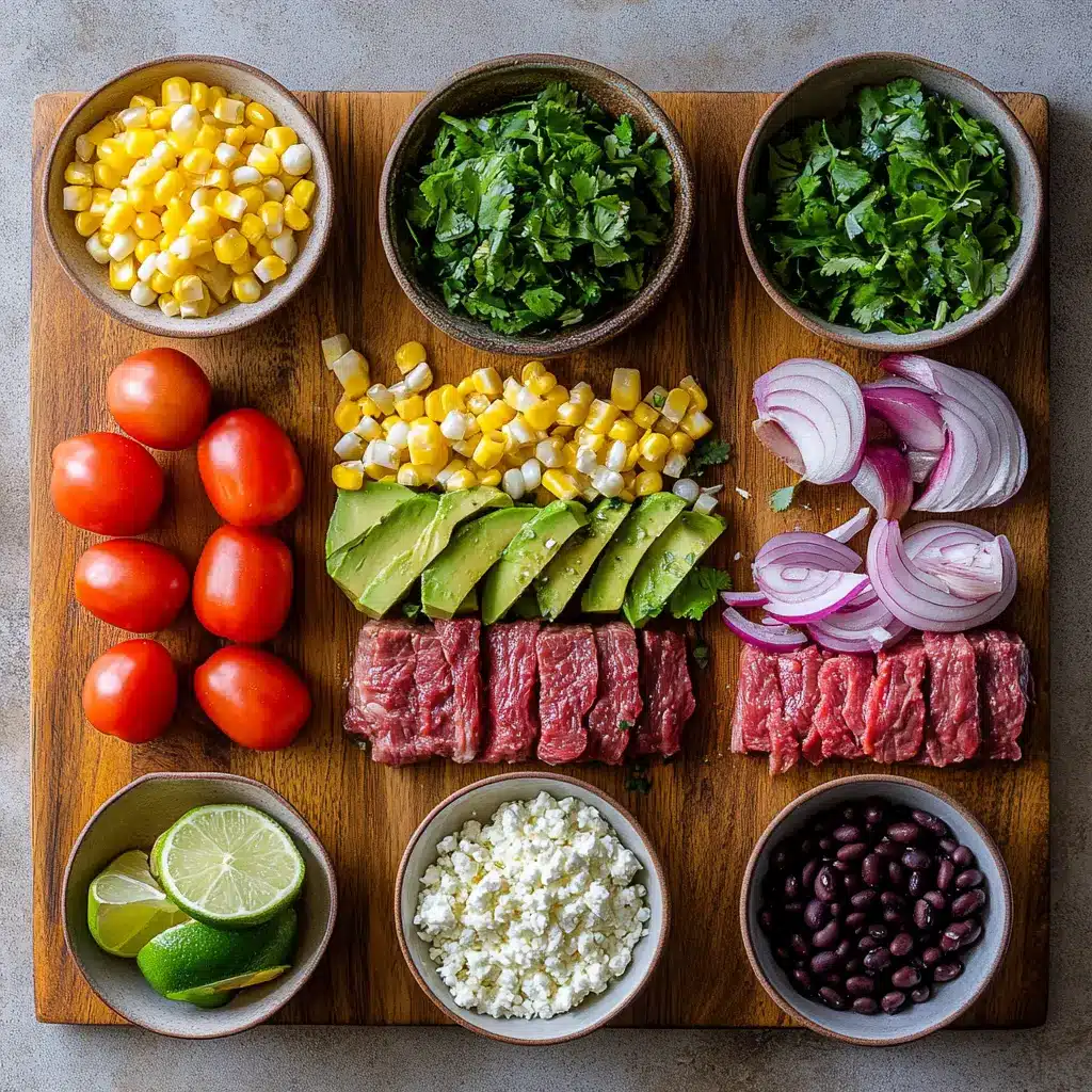 Fresh ingredients for Cilantro Lime Steak Bowls laid out, including flank steak, limes, cilantro, spices, corn, tomatoes, and avocado.