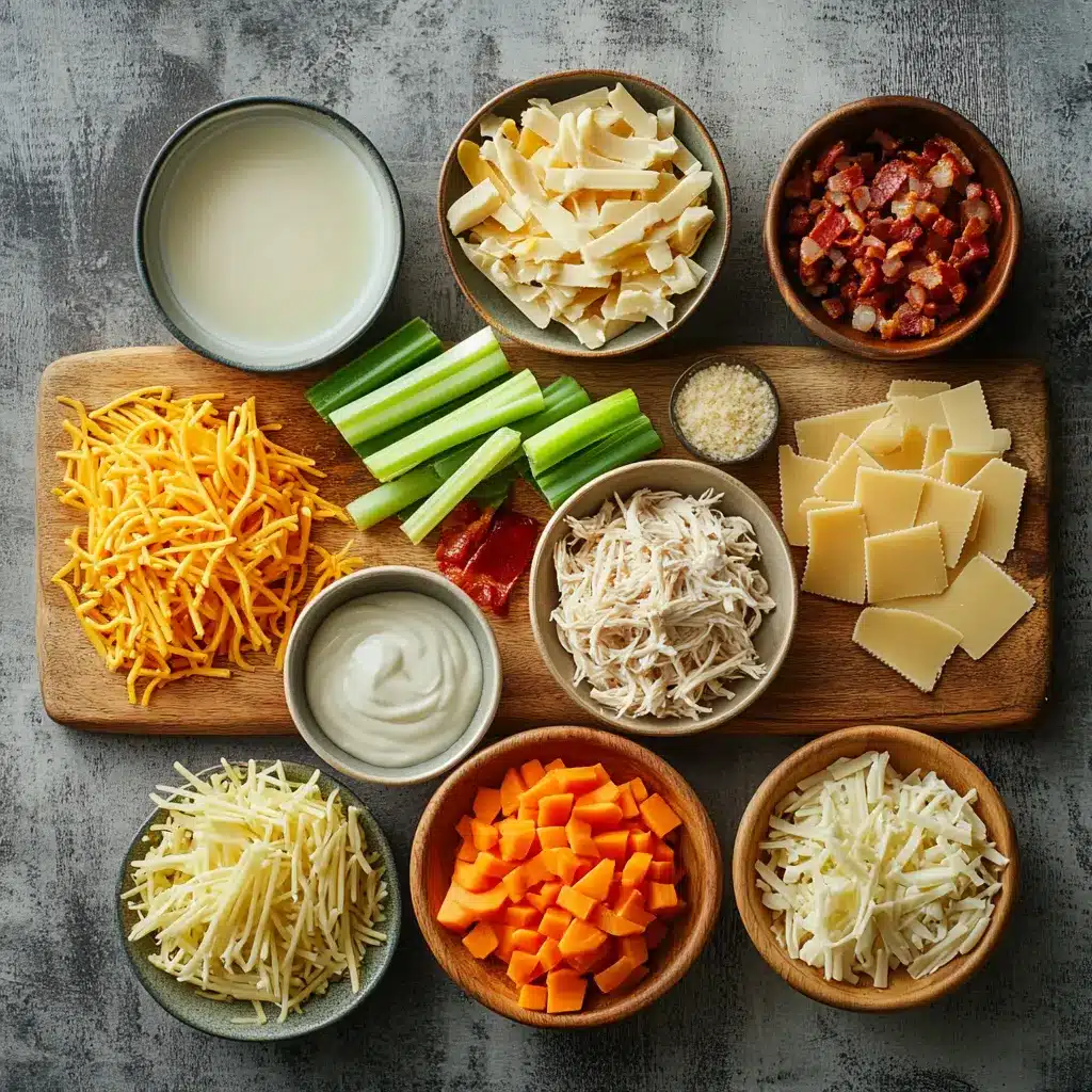 Key ingredients for Crack Chicken Noodle Soup: shredded chicken, crispy bacon, ranch seasoning, and thin spaghetti.