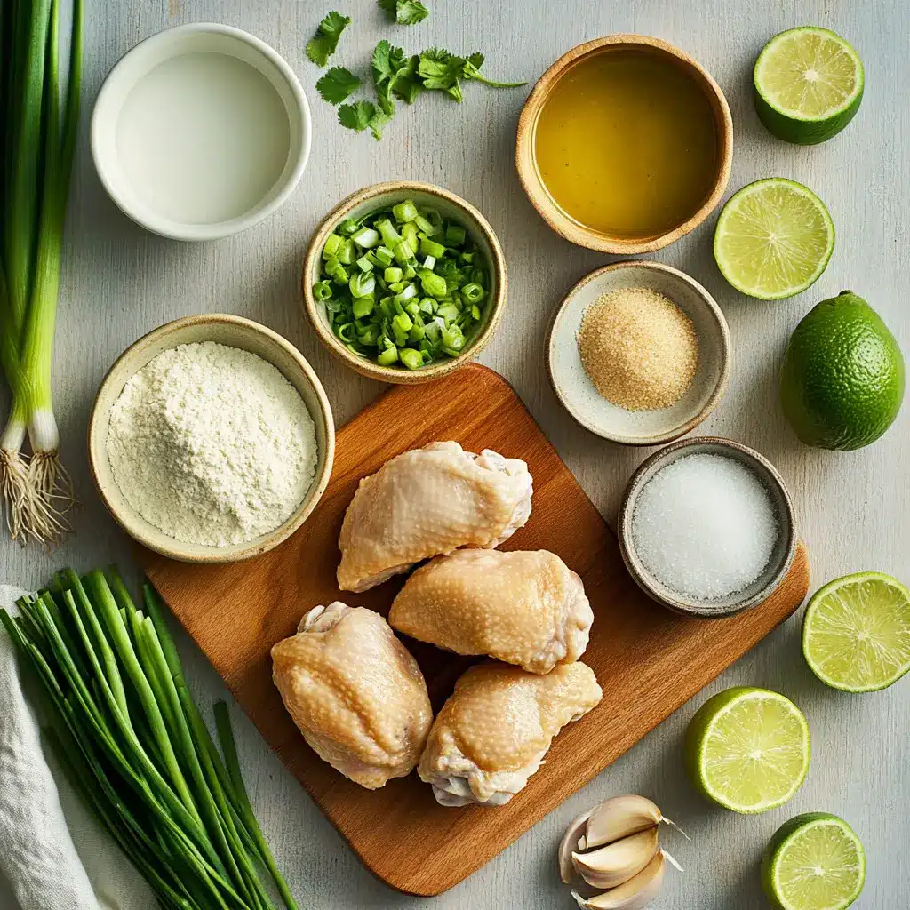 Arrangement of ingredients for Creamy Coconut Lime Chicken including chicken breasts, limes, coconut milk, and cilantro.