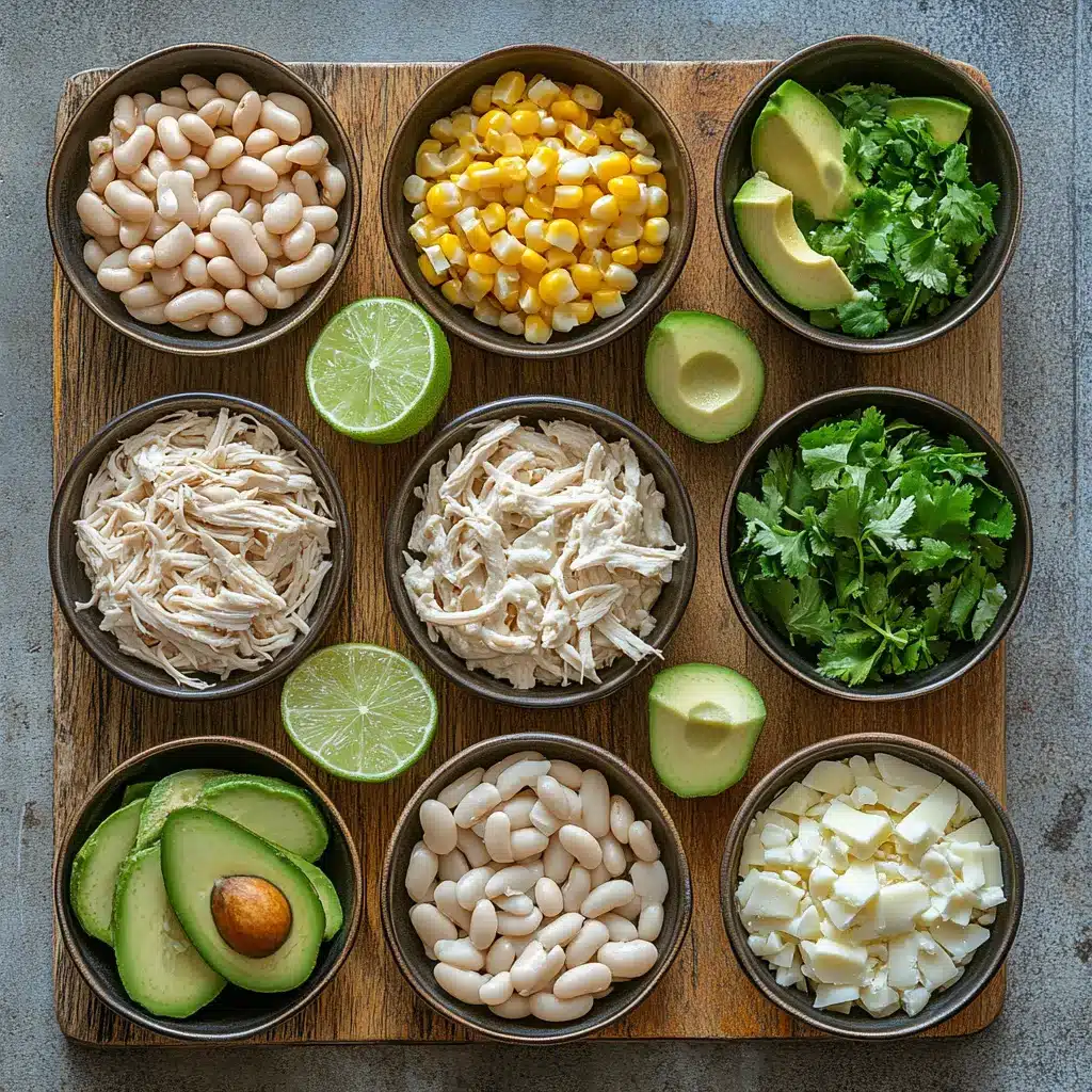 Close-up of fresh ingredients for Creamy Crockpot White Chicken Chili, including raw chicken breasts, white beans, corn, and diced green chiles