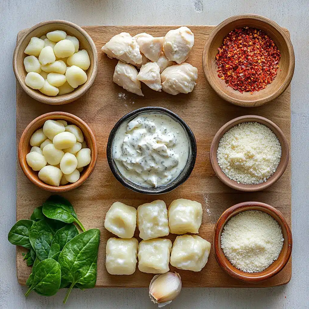CREAMY GARLIC CHICKEN GNOCCHI SKILLET centered hero view, clean and uncluttered