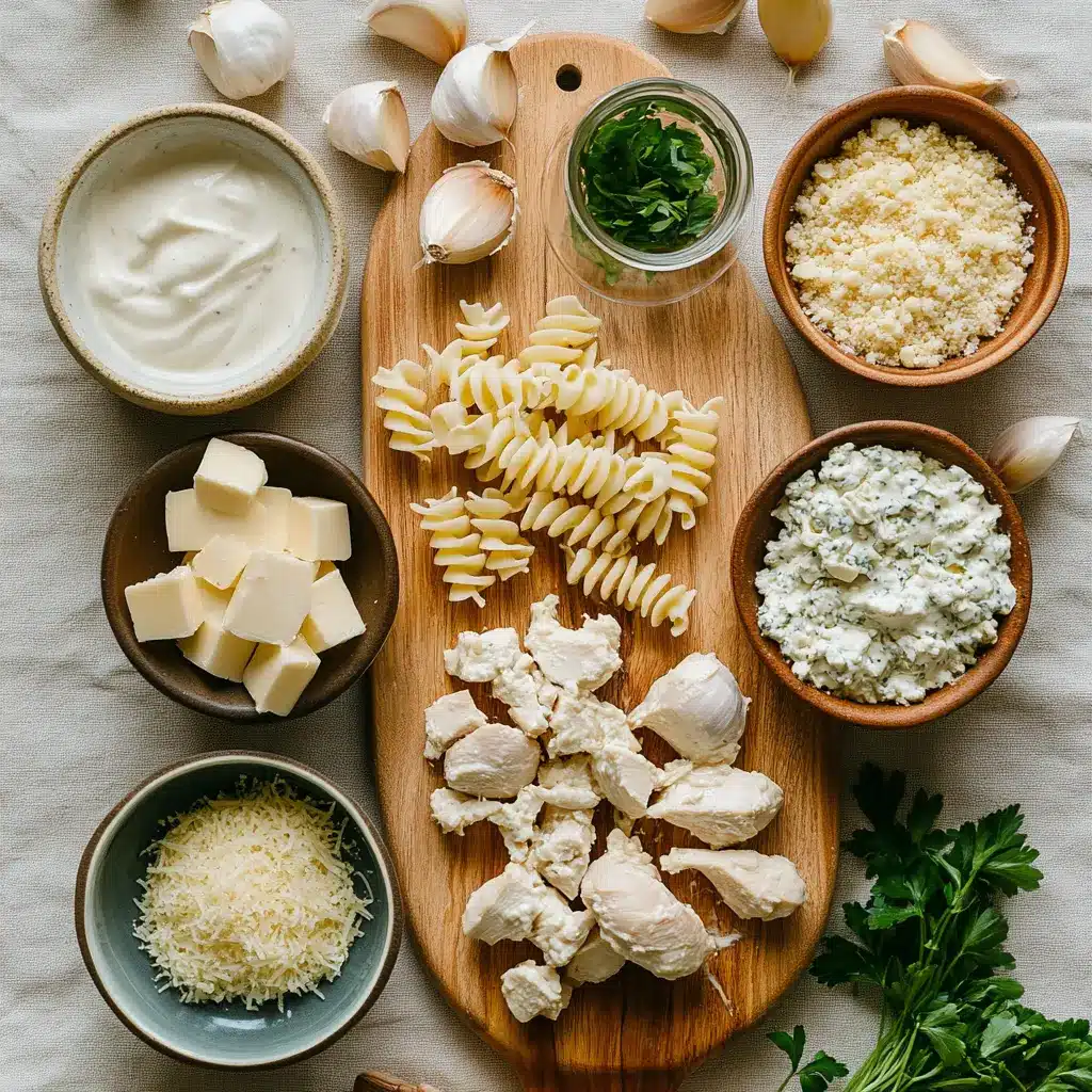 Vibrant ingredients for Creamy Garlic Parmesan Chicken, including chicken breasts, garlic, cream, and pasta, laid out neatly.