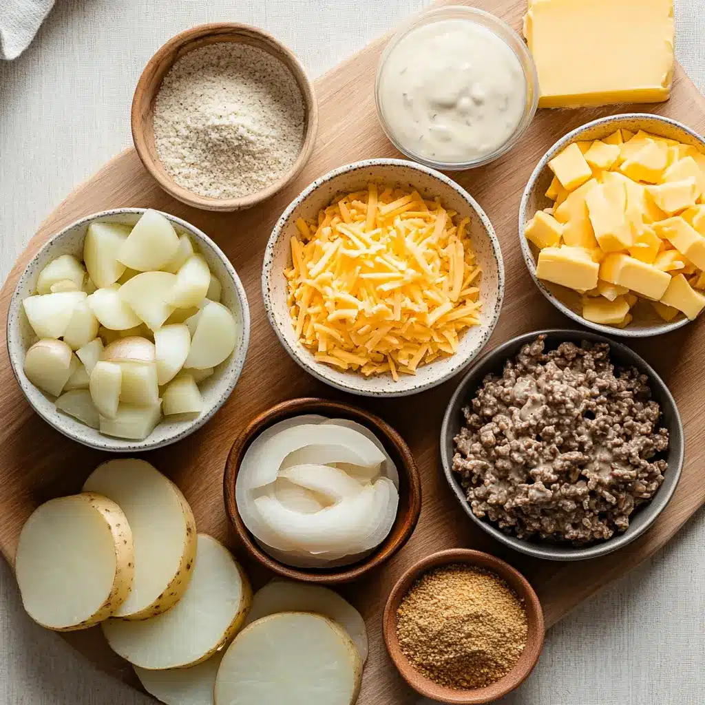 Overhead view of a classic Creamy Hobo Casserole with ground beef, sliced potatoes, and melted cheddar cheese, baked in a 9x13 inch dish.