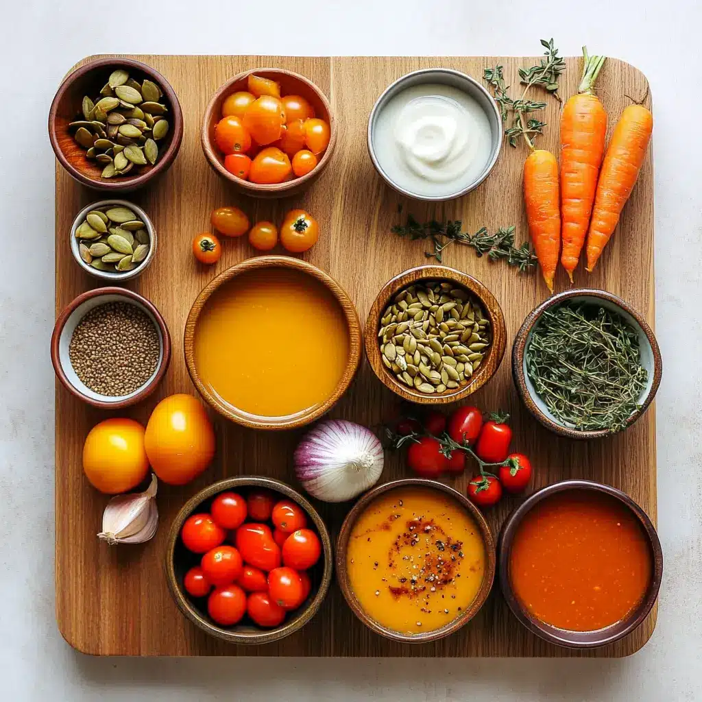 CREAMY ROASTED PUMPKIN AND TOMATO SOUP centered hero view, clean and uncluttered