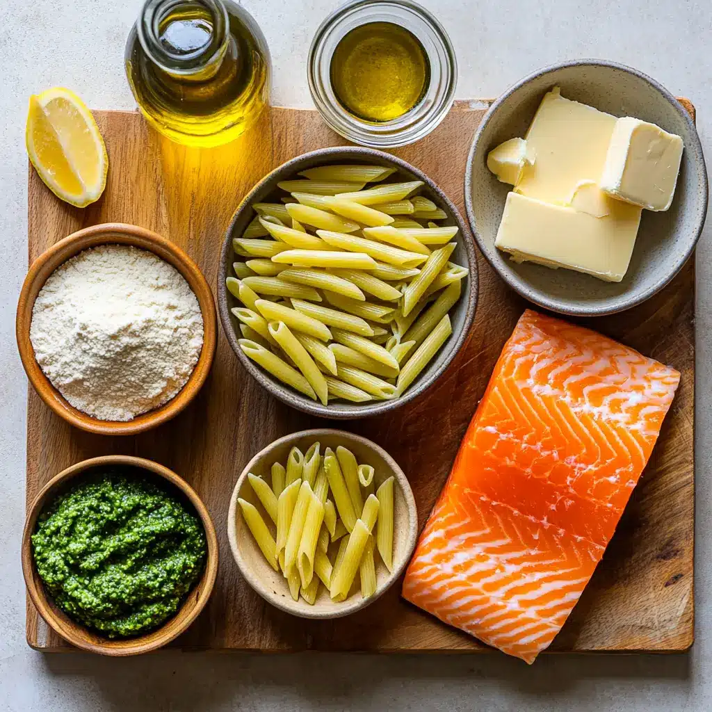 A vibrant bowl of Creamy Salmon Pesto Pasta, featuring flaky salmon, green pesto, and penne, garnished with fresh basil.