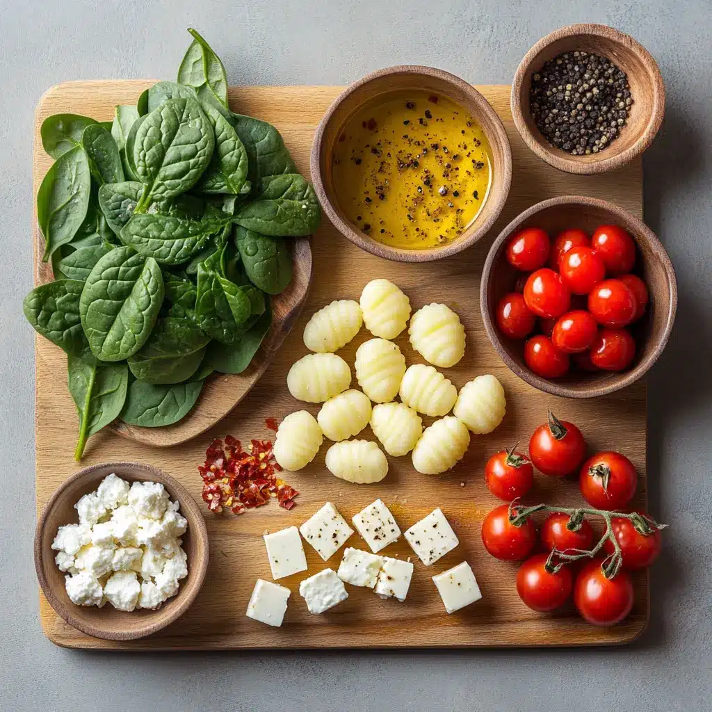 CRISPY GNOCCHI SPINACH AND FETA centered hero view, clean and uncluttered