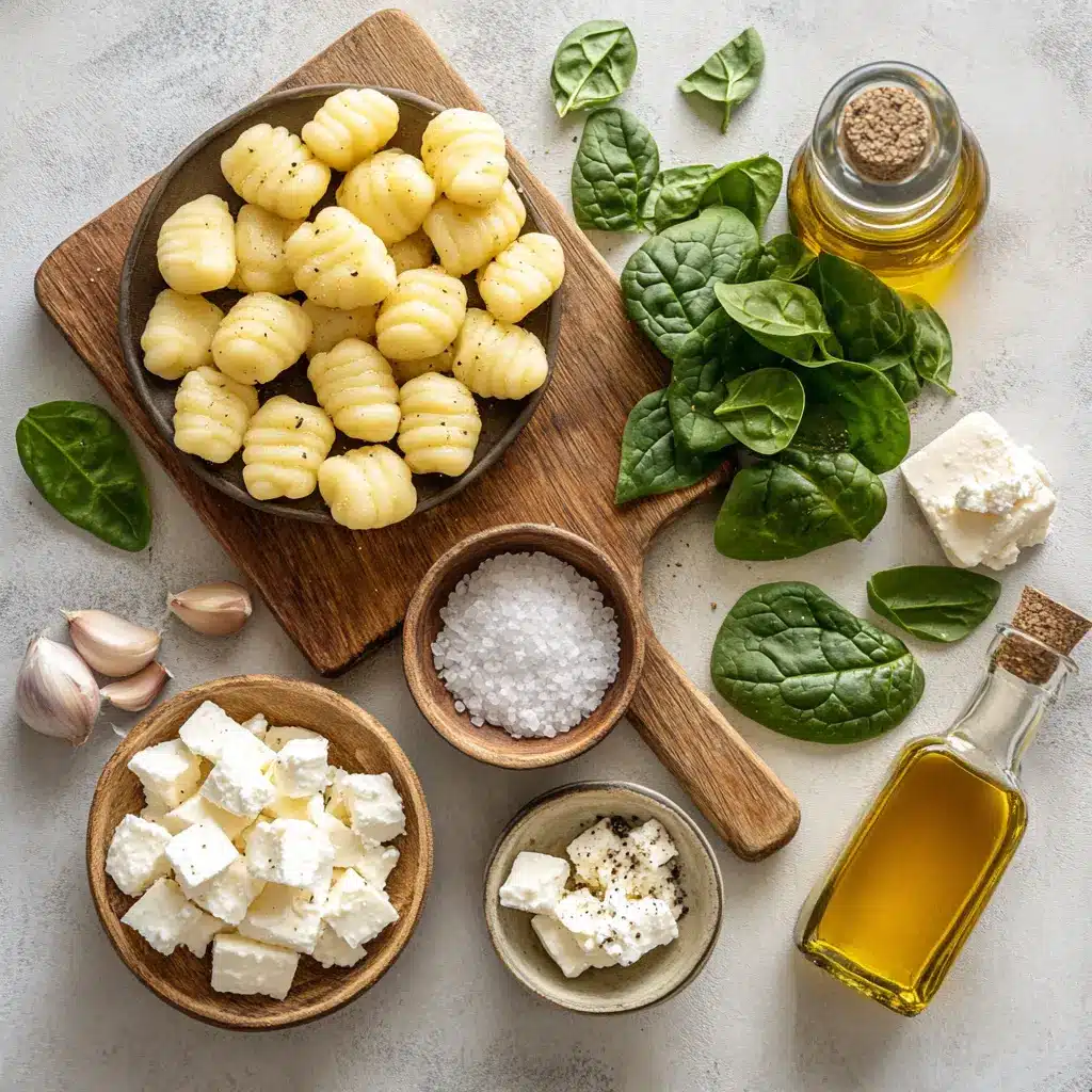 A close-up of crispy gnocchi with wilted spinach and crumbled feta cheese in a bowl, ready to be served.