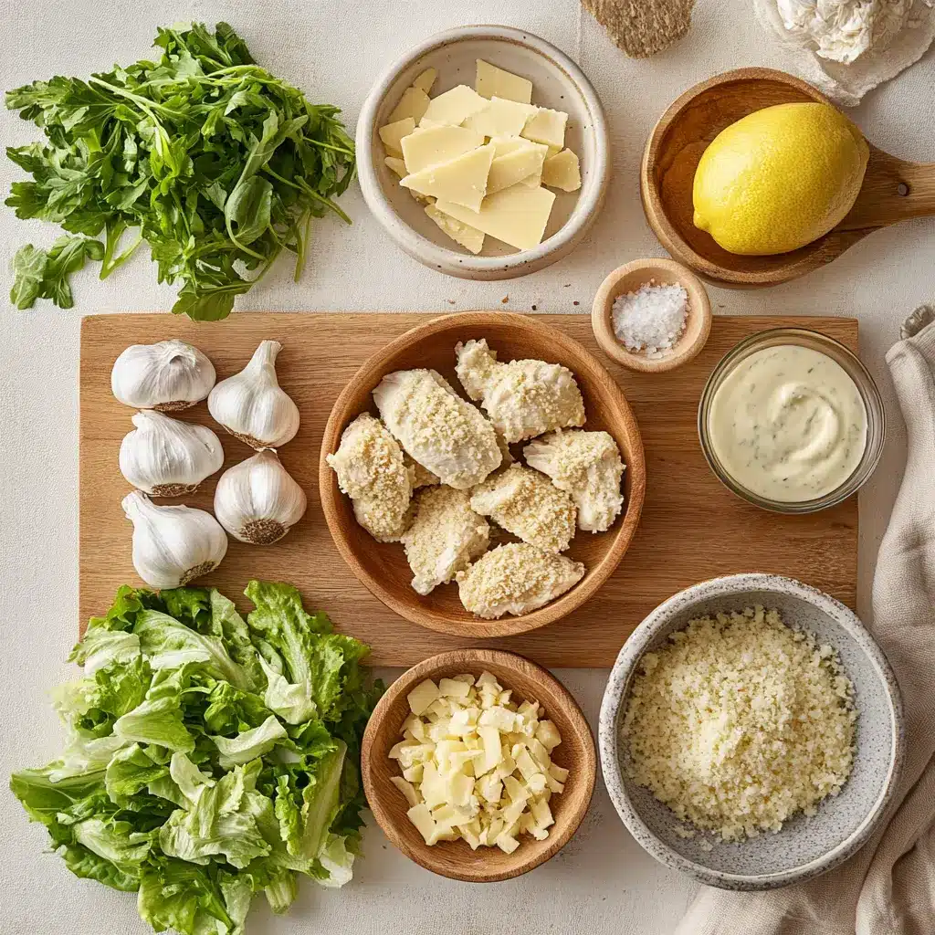Close-up of fresh ingredients for Crunchy Chicken Caesar Sandwich: chicken tenderloins, crisp romaine lettuce, grated parmesan, and golden breadcrumbs.