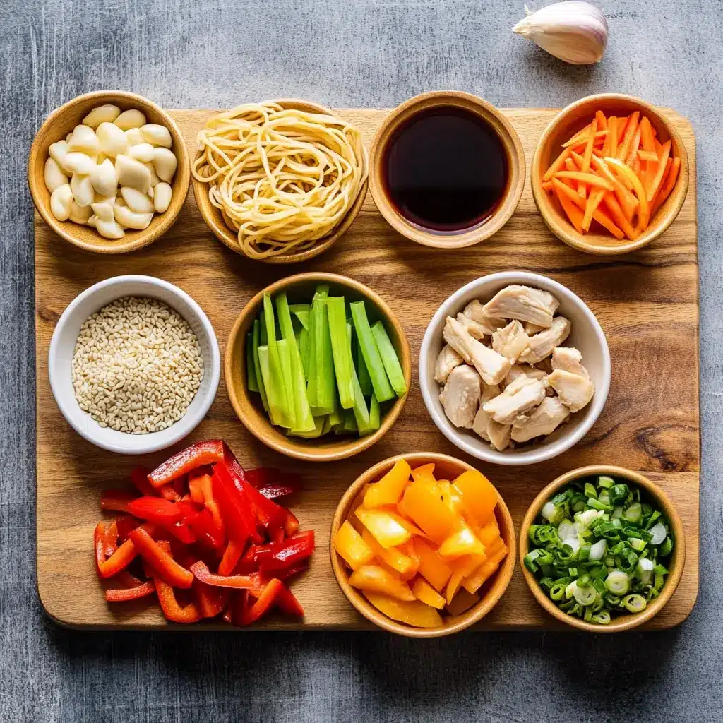 Delicious Chicken Lo Mein Easy Quick Recipe Secrets 2 A flat lay of fresh ingredients for Delicious Chicken Lo Mein, including raw chicken breast, colorful bell peppers, carrots, green onions, and uncooked lo mein noodles, arranged cleanly on a white background.