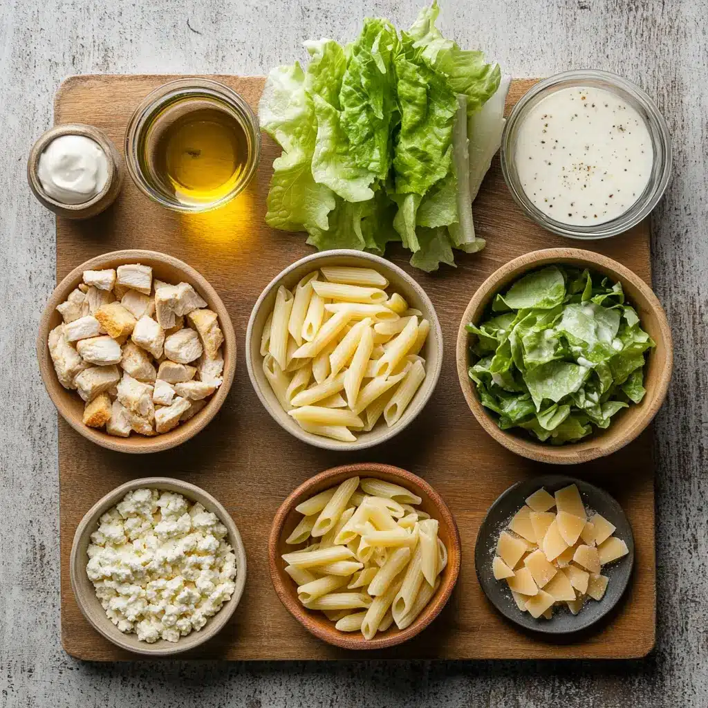 Vibrant Easy Chicken Caesar Pasta Salad featuring grilled chicken, penne, crisp romaine, and croutons in a large serving bowl.