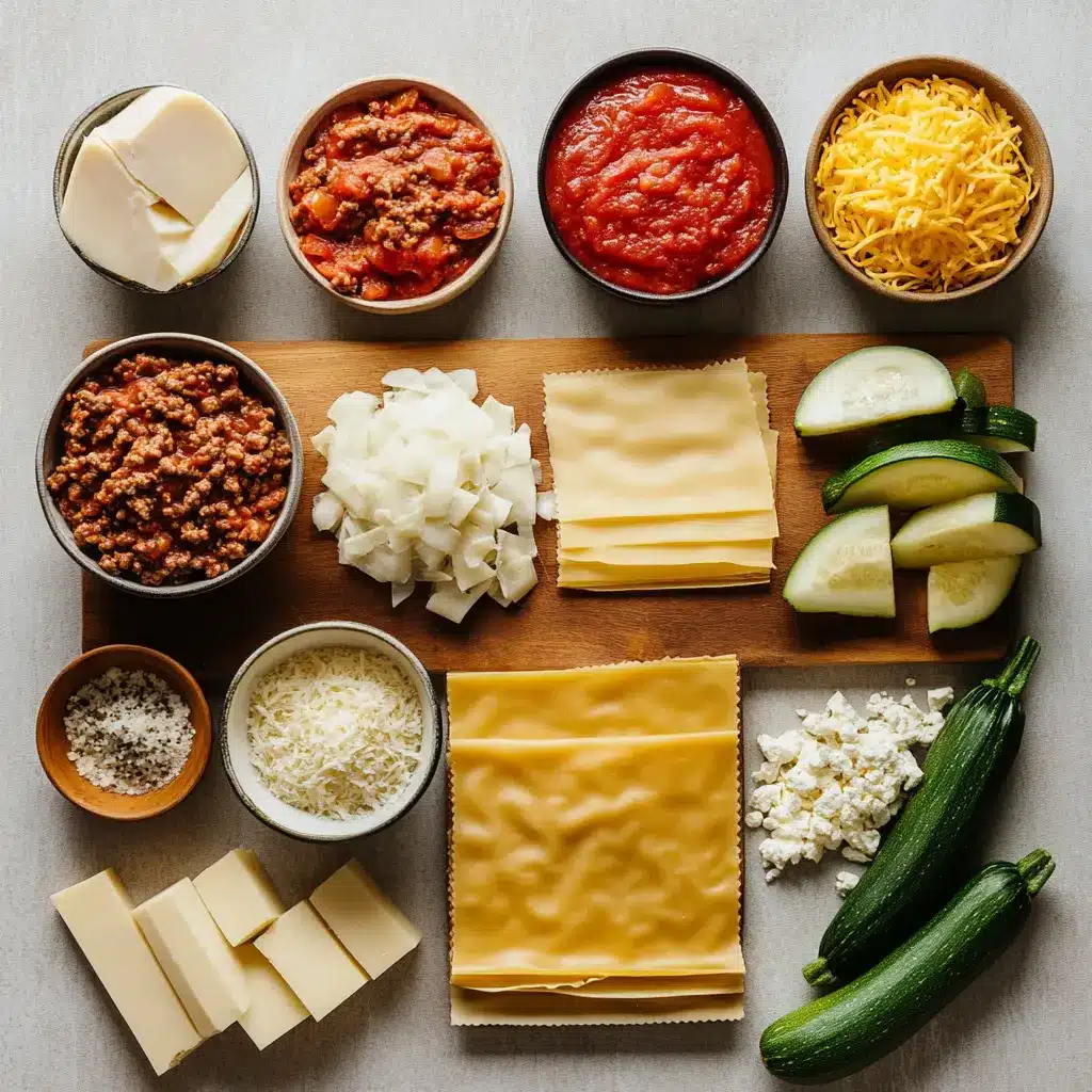 Ingredients for Easy Healthy Lasagna laid out, including lean ground beef, zucchini, squash, cottage cheese, noodles, and cheeses.
