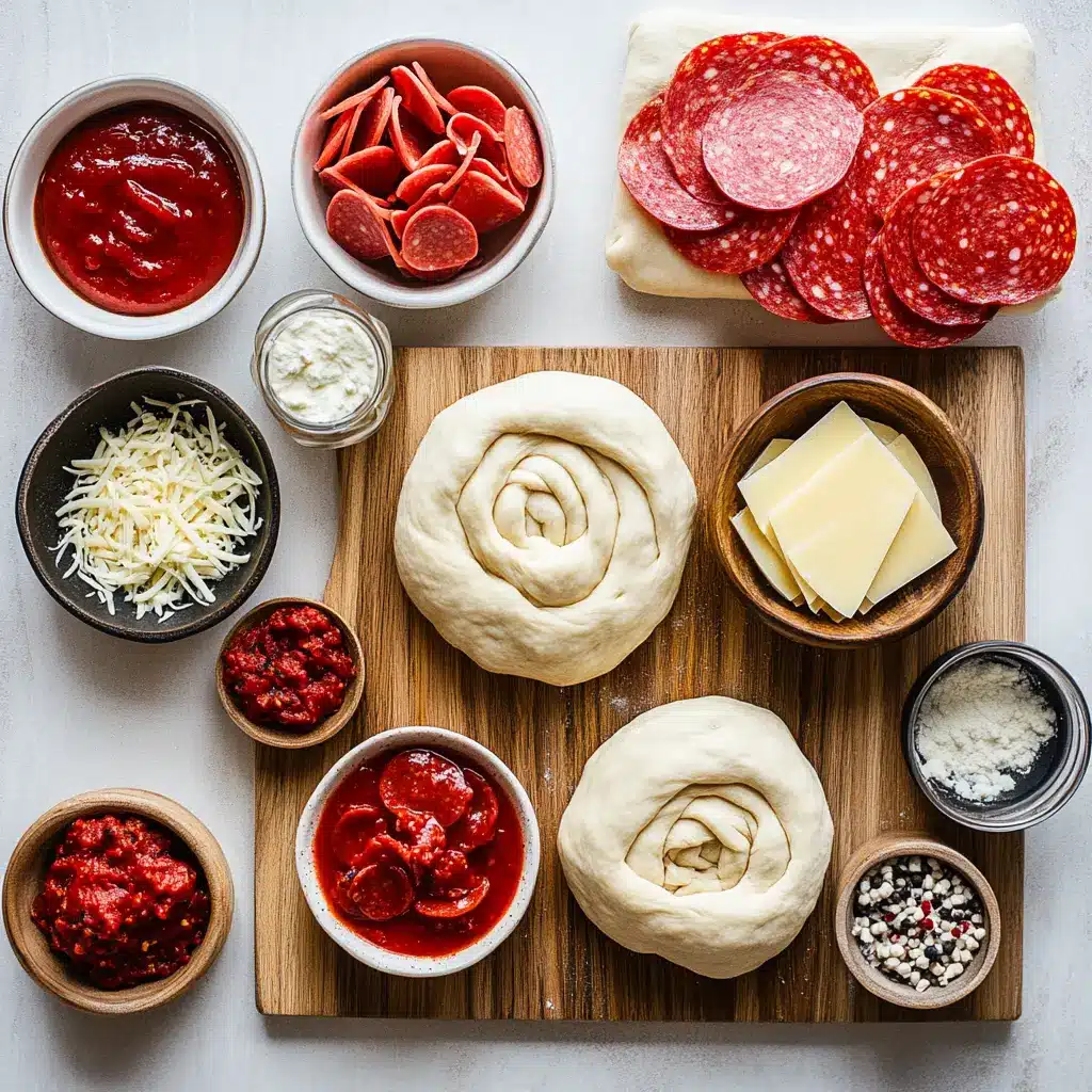 Close-up of ingredients for Easy Pizza Roses: pizza dough, marinara sauce, mozzarella slices, and pepperoni.