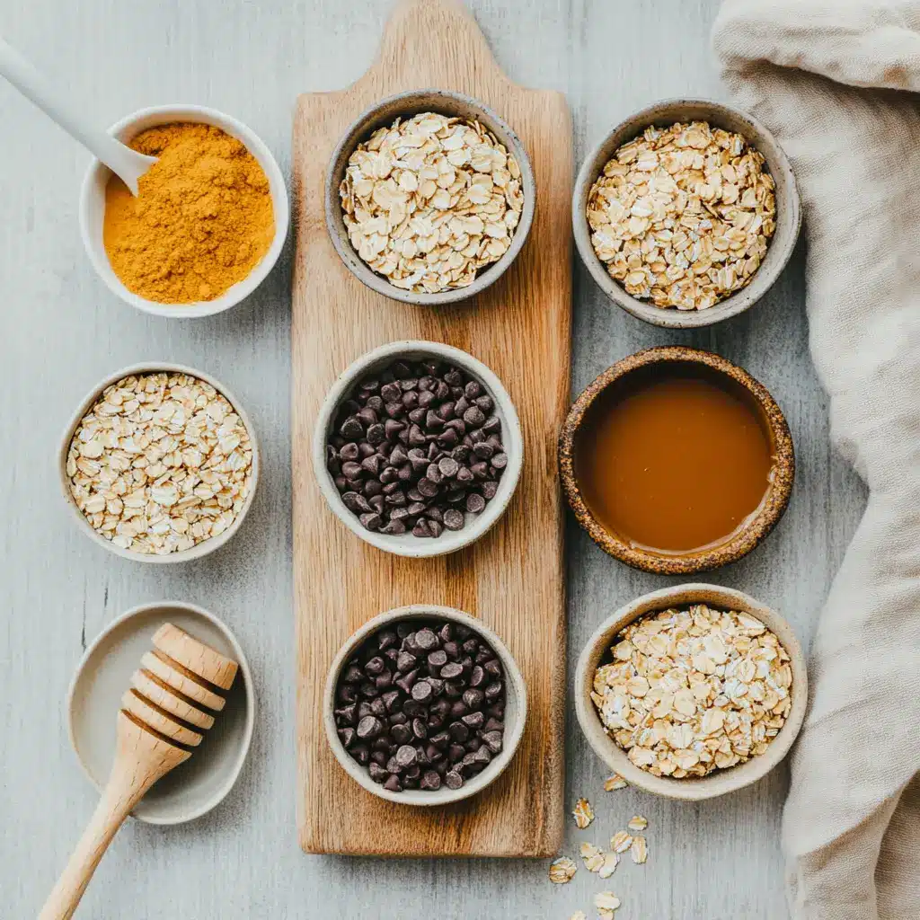 Rolled oats, creamy peanut butter, honey, and mini chocolate chips laid out as ingredients for Energy Oatmeal Balls