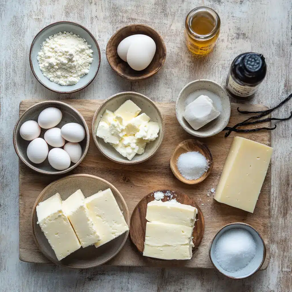 Arrangement of fresh ingredients for a fluffy crustless cheesecake: blocks of cream cheese, eggs, sour cream, vanilla extract, sugar, and a pinch of salt on a countertop.