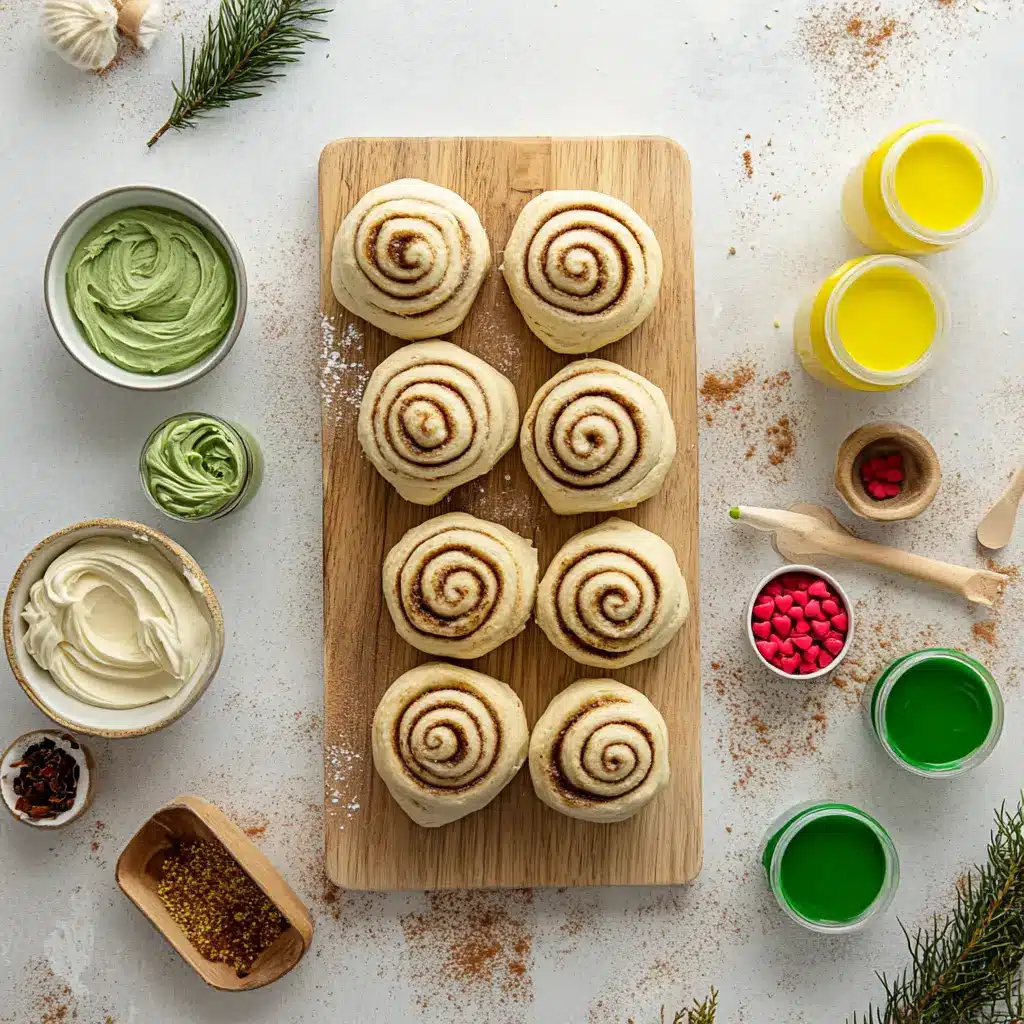 Ingredients for Grinch Cinnamon Rolls arranged on a light surface, highlighting green frosting and red heart candies