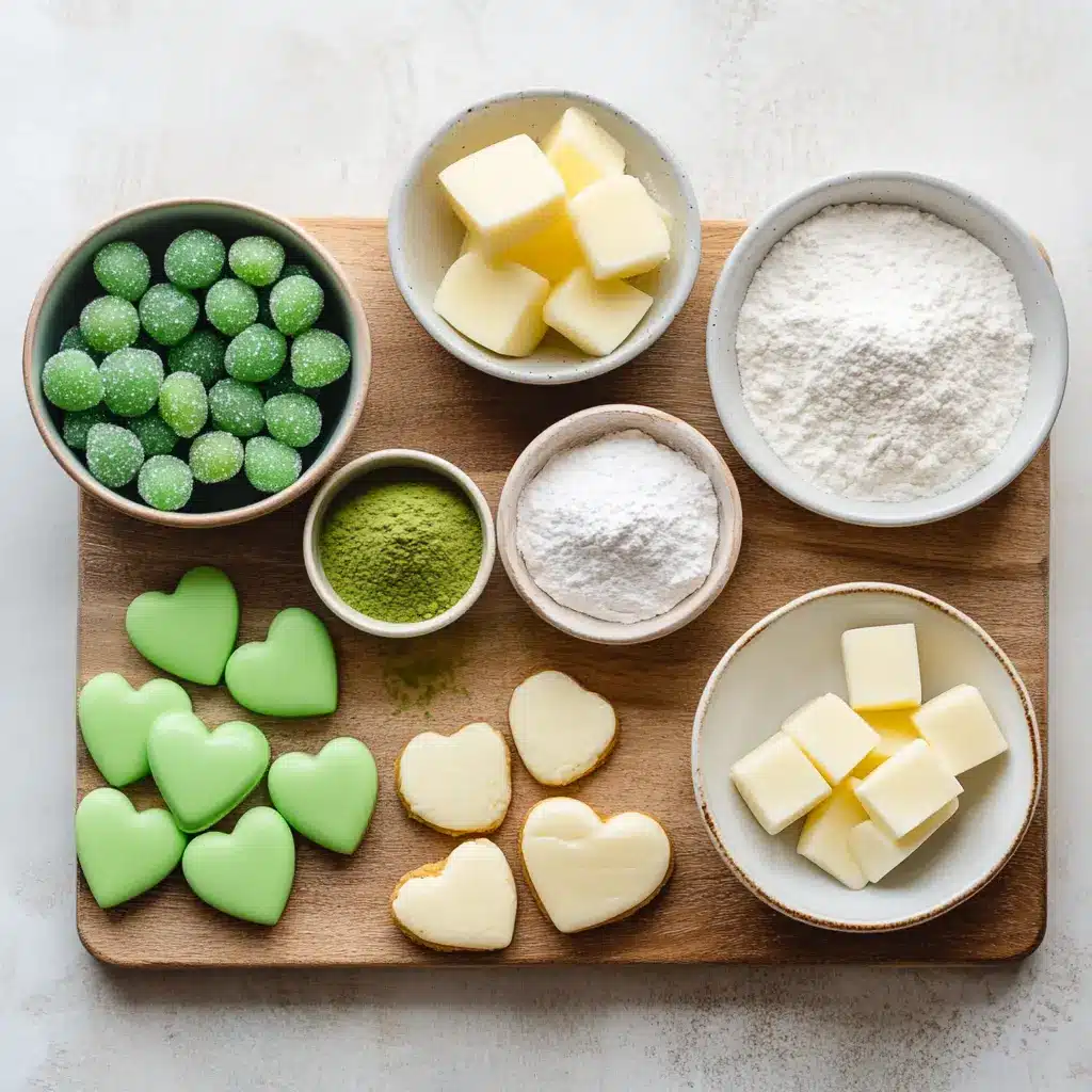 Vibrant green Grinch Cookies with red gumdrop hearts, ready for festive holiday celebrations.