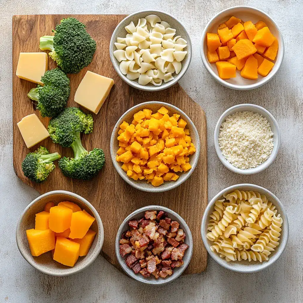 A comforting bowl of healthy mac and cheese with vibrant roasted broccoli, ready to serve.