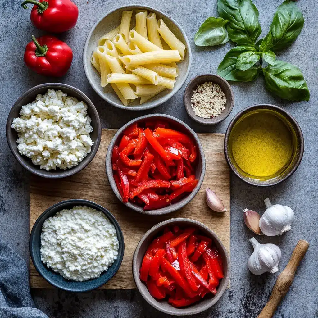 HIGH PROTEIN CREAMY ROASTED RED PEPPER PASTA centered hero view, clean and uncluttered