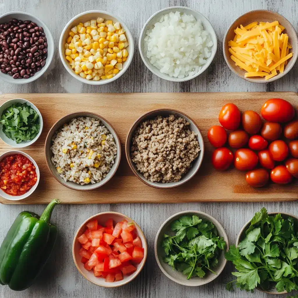 Ingredients laid out for High Protein Unstuffed Peppers, including ground turkey, bell peppers, rice, beans, and spices