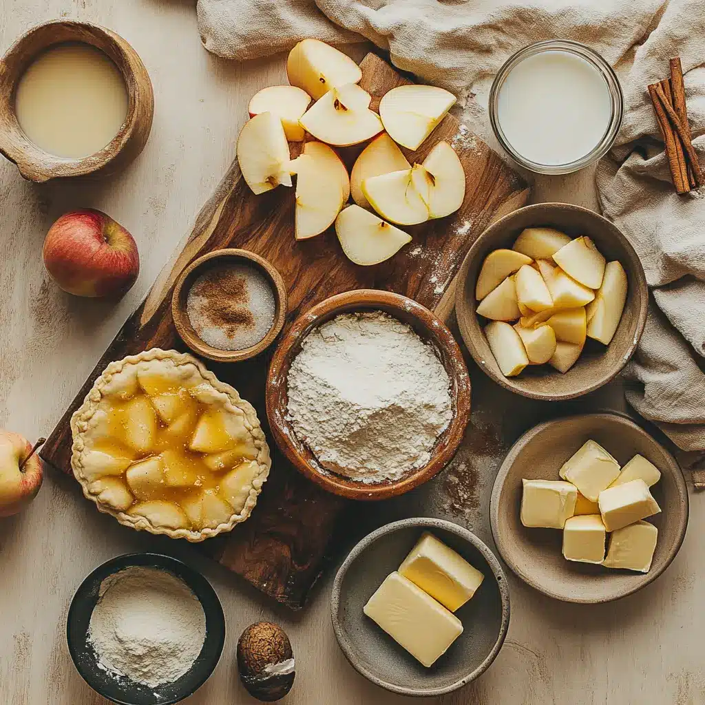 Vibrant raw ingredients for Homemade Apple Pie Recipe: sliced apples, cinnamon, sugar, flour, and pie crusts arranged neatly on a wooden surface.