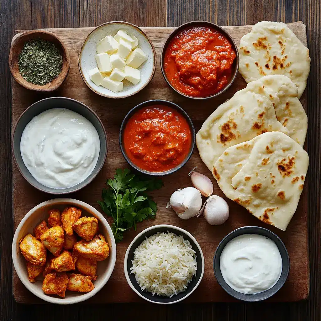 Rich, creamy homemade butter chicken served with fluffy basmati rice and warm naan bread, garnished with fresh cilantro.