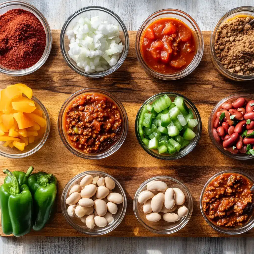 Ingredients for Homemade Chili: A vibrant display of fresh produce, spices, and canned goods for a classic chili recipe.